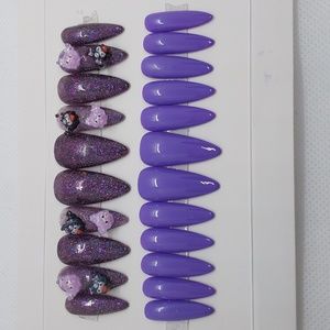 HAND PAINTED PRESS ON NAILS, KUROMI, LONG STILLETTO/POINTY, 22 NAILS